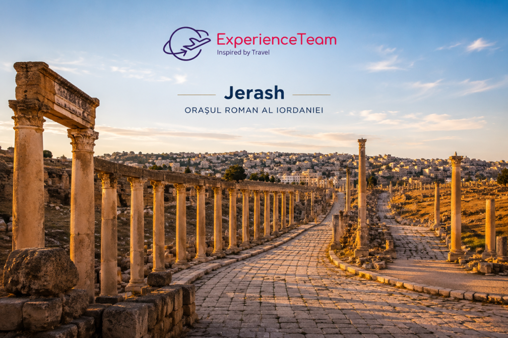 Jerash, Iordania – strada romană Cardo Maximus și coloanele antice la apus