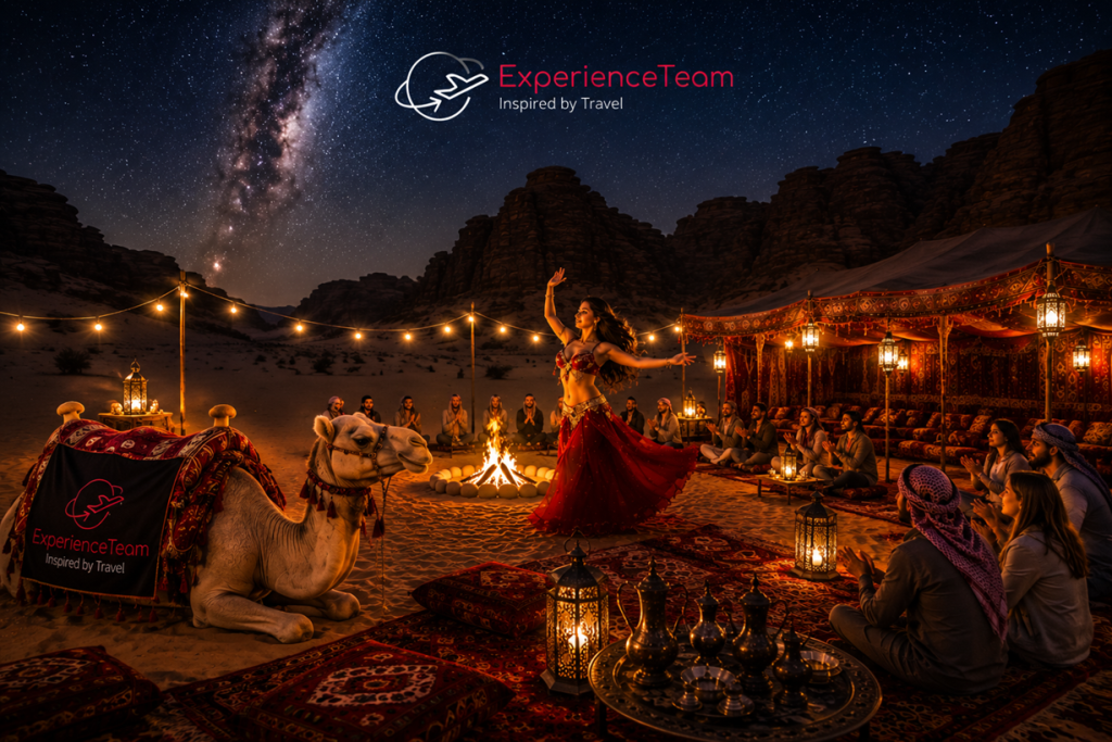 Revelion în Iordania în deșertul Wadi Rum, petrecere în tabără beduină cu dansatoare orientală, cămilă și Experience Team